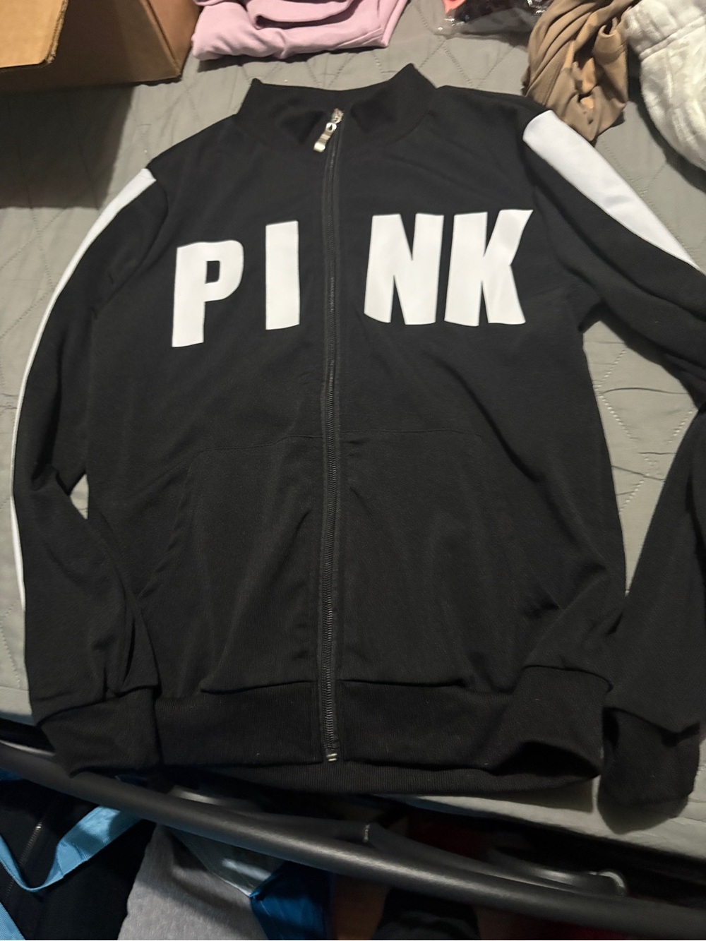 PINK Victoria's Secret Black Zip-Up Varsity Jacket with White Lettering